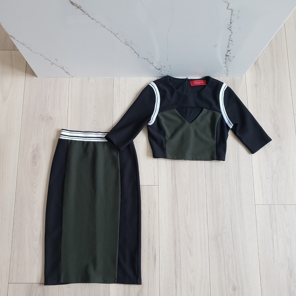 Akira Skirt Set Womens S Black Olive Green Chicago Two Piece Crop‎ Top Bodycon